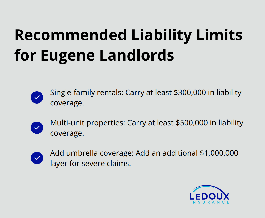 Suggested liability limits for Eugene rental property owners, including single-family, multi-unit, and umbrella coverage. - Eugene investment property insurance